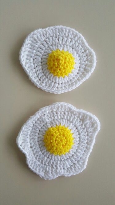 Crochet Sunny Side Up Egg, Crochet Egg Applique, Crochet Egg Pillow, Crocheted Eggs, Crochet Fried Egg, Crochet Eggs, Egg Crochet, Crochet Egg Pattern, Crochet Egg