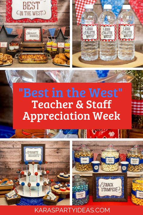 Kara's Party Ideas "Best in the West" Teacher & Staff Appreciation Week | Kara's Party Ideas Teacher Appreciation Buffet Ideas, Best In The West Staff Appreciation, Staff Dinner Ideas, Teacher Appreciation Luncheon Themes, Western Theme Volunteer Appreciation, Volunteer Party Themes, Teacher Appreciation Party Ideas, Teacher Appreciation Dinner Ideas, Staff Appreciation Ideas Schools