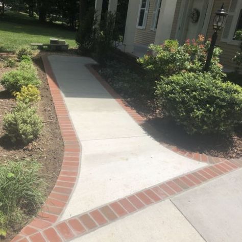 Concrete Driveway and Sidewalk with Brick Borders in Alexandria, Virginia | Wright's Concrete Concrete Porch With Brick Border, Sidewalk With Brick Border, Concrete Patio With Brick Border, Concrete With Brick Border, Concrete Patio Brick Border, Concrete Driveway With Brick Border, Stamped Concrete Driveway Border, Cement Driveway, Sidewalk Landscaping