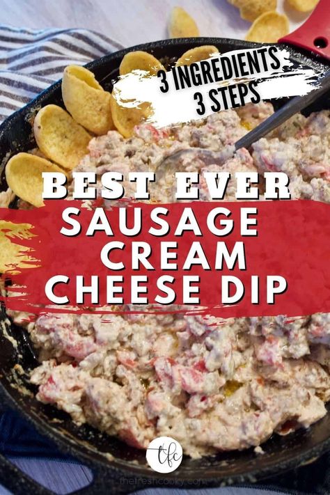 Best 3 ingredient sausage dip ever. Gluten Free and Low Carb and only 3 steps and about 15 minutes. Easy appetizer, great for the Super Bowl or Game Day. Uses Jimmy Dean sausage and Rotel. Make on stovetop, oven or crockpot, great tailgating recipe, bachelor party, or camping recipe! Mmm good! #thefreshcooky #besthotdiprecipe #sausagedipcreamcheese Jimmy Dean Dip Crockpot, Jimmy Dean Rotel Dip, Recipes With Jimmy Dean Sausage, Jimmy Dean Dip, Jimmy Dean Sausage Dip, Jimmy Dean Sausage Recipes, Sausage Cream Cheese Dip, Happy Hour Appetizers, Sausage Cream Cheese