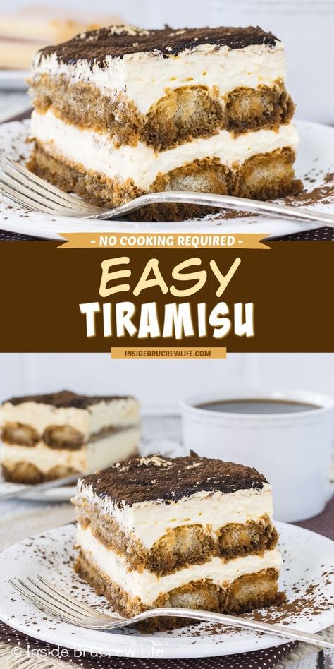 Easy Tiramisu - layers of creamy pudding cheesecake and coffee soaked lady fingers will have this pan of no bake dessert disappear in a hurry. Great recipe for summer picnics or fancy dinner parties! Dessert Recipes Using Lady Fingers, Lady Fingers Dessert Recipes, What To Make With Lady Fingers, Ladyfingers Recipe Desserts, Lady Finger Desserts, Lady Finger Cake, Tiramisu Recipe Without Eggs, Tiramisu Pudding, Lady Fingers Dessert