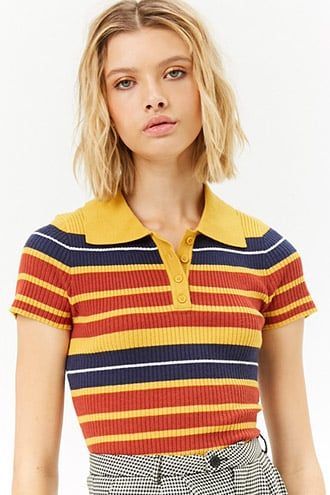 Women�s 70s Striped Ribbed Polo Shirt Retro Colors Polo Shirt Outfit Women's, Outfits With Striped Shirts, Women Professional Attire, 70s Tops, Polo Shirt Outfits, Polo Outfit, 70s Shirts, Look Casual Chic, 70s Outfits