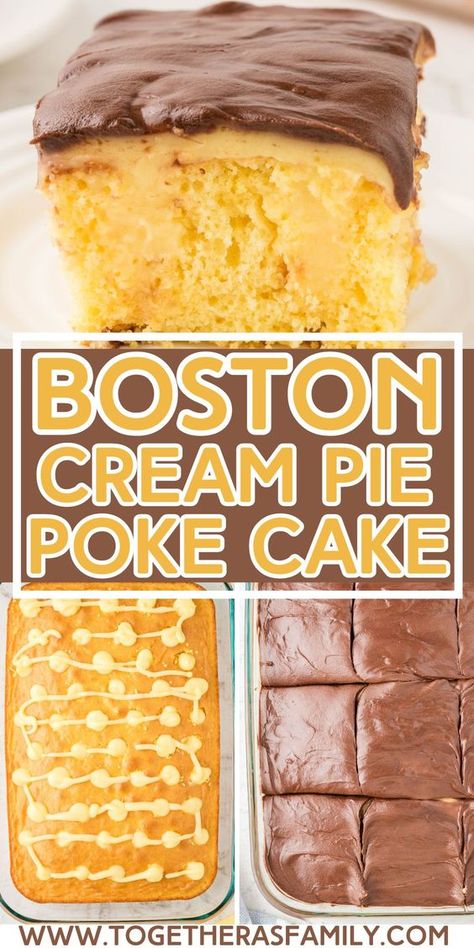 Boston Poke Cake Recipe, Easy Cake Recipes From Box Cake Mixes, Poke Cake Recipes Yellow Cake, Easy Yellow Cake Mix Desserts, Fudge Vanilla Poke Cake, Cake In A Pan Recipes, Cinnamon Pudding Cake, Vanilla Pudding Cake Recipe Easy, Boston Crème Poke Cake