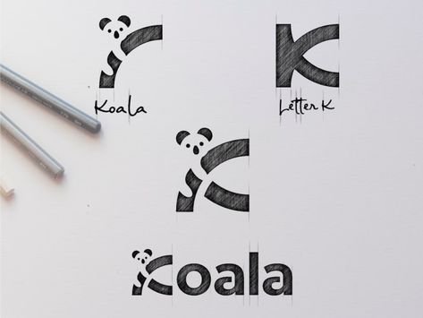 See Logo Design, Logo Illustration Design Ideas, Koala Logo Design, K Logo Design Art, Koala Logo, Cute Logo Design, K Logo Design, Combination Logo Design, Logo Sketch Design