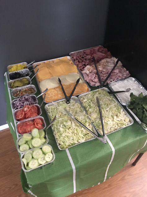 Sandwich For Wedding, Diy Party Sandwich Platter, Sandwich And Chips Party, Sandwich Station Party, Sandwich Toppings Tray, Sub Bar Build Your Own Party, Subway Party Platter, Easter Sandwich Board Ideas, Make Your Own Sandwich Platter