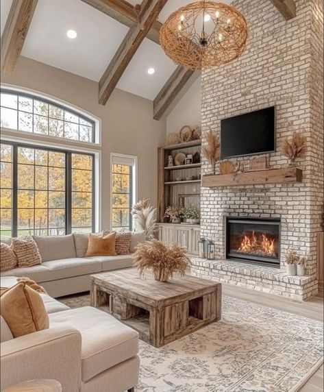 Farmhouse Vibes, Living Room Goals, Cozy Farmhouse, Home Living Room, New Homes, Fireplace, Farmhouse, Living Room, Home Decor