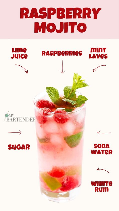 Refreshing Raspberry Mojito Mojito Flavors, Raspberry Mojito Recipe, Raspberry Drinks, Traditional Mojito Recipe, Mojito Recipe Classic, Raspberry Drink, Raspberry Cocktail, Raspberry Mojito, Summer Drinks Alcohol