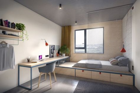 State-of-the-art student housing: BaseCamp-designer-dorm-room-Potsdam-Germany, designed by Studio Aisslinger. Dorm Room Items, Student Bedroom, Dormitory Room, Dorm Room Styles, Dorm Style, Hostels Design, Hostel Room, Dorm Design, Student Dorm