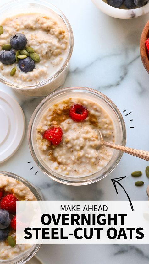 Overnight Steel Cut Oats Recipe Overnight Oats Steel Cut, Oatmeal Cottage Cheese Pancakes, Overnight Steel Cut Oats, Steel Cut Oats Overnight, Steel Cut Oats Recipe, Chocolate Chia Seed Pudding, Thanksgiving Breakfast, Body Detoxification, Macro Friendly Recipes