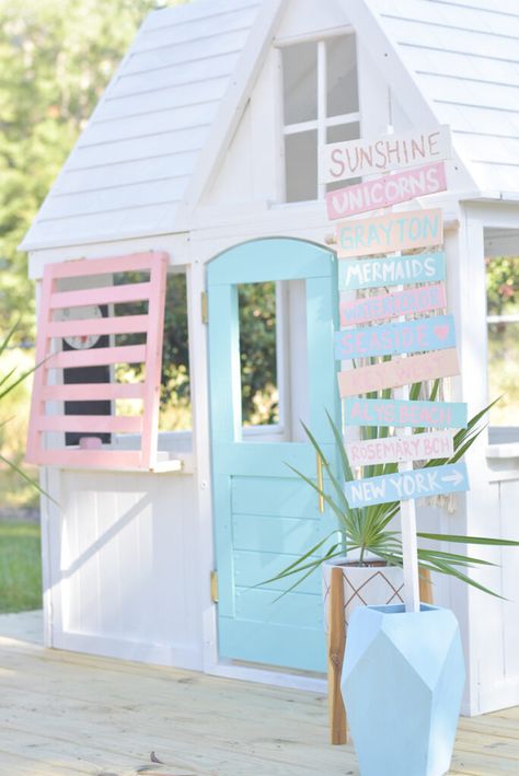 KidKraft Greystone Playhouse Makeover Beach House theme by Jami Ray on 30A Mama Beach Shack Playhouse, Beach House Yard Ideas, Beach Yard Decor, Beach House Party Ideas, Surf Shack Playhouse, Coastal Playhouse, Boho Playhouse, Pastel Playhouse, Playhouse Themes