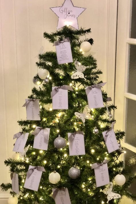 Christmas tree Table Plan Christmas Wedding Tree Ideas, Seating Chart Wedding Ideas Christmas, Winter Wedding Table Plan, Christmas Tree Seating Chart, Ornament Seating Chart, Christmas Wedding Table Numbers, Christmas Wedding Seating Chart, Money Tree Wedding, Winter Wedding Seating Chart