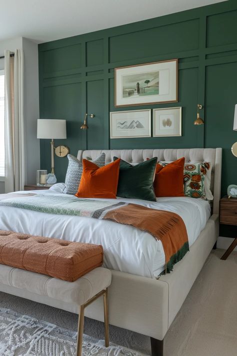 Dark Green Boho Bedroom, Green And Orange Bedroom, Chic Boho Bedroom, Mustard Bedroom, Wall Paint Inspiration, Black White Bedrooms, Boho Colors, Orange Bedroom, Mixing Patterns