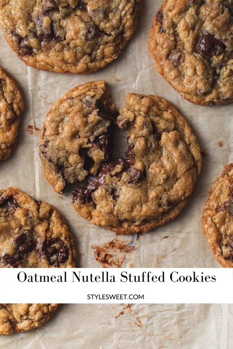 These Oatmeal Nutella Stuffed Cookies have crispy edges and forever soft and gooey centers. Chilling dollops of the chocolate-hazelnut paste makes stuffing the oatmeal cookie dough totally worth the extra step in making these delicious cookies. Oatmeal Nutella Cookies, Nutella Stuffed Cookies, Stuffed Cookies, Nutella Cookies, Stay Forever, Chocolate Hazelnut Spread, Oatmeal Cookie Recipes, Homemade Cookies, Cute Desserts