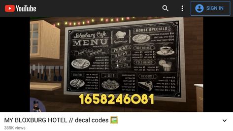 Roblox Bloxburg Menu Codes, Bloxburg Restaurant Sign Decal Codes, Bloxburg Resturaunt Codes, Bloxburg Restaurant Menu Decals, Cafe Codes Bloxburg, Bloxburg Cafe Sign, Bloxburg Restaurant Ideas Exterior, Restaurant Decals Bloxburg, Cafe Ideas Bloxburg