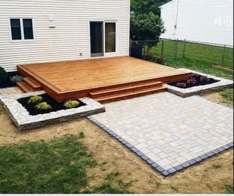 Deck That Leads To Patio, Stone And Decking Patio, Deck And Pavers Combo, Pavers And Deck Backyard, Step Down Patio Backyards, Patio Deck Designs Small Yards, Deck With Cement Patio, Concrete Patio With Wood Deck, Deck With Levels