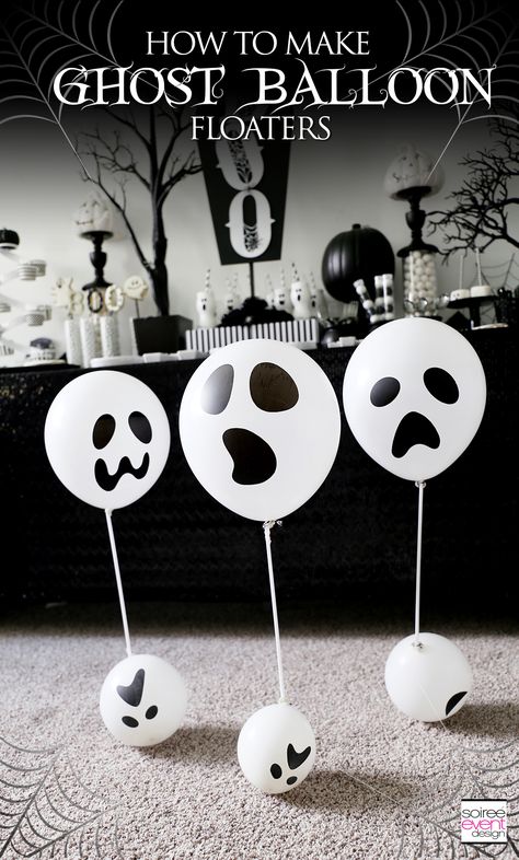 Soiree Event Design | DIY Ghost Balloon Floaters Halloween Decorations | http://soiree-eventdesign.com Helium Balloons Diy, Black And White Halloween Party, How To Make Ghosts, White Halloween Party, Diy Ghost Decoration, Diy Ghost, Black And White Halloween, Adult Party Themes, Ghost Diy