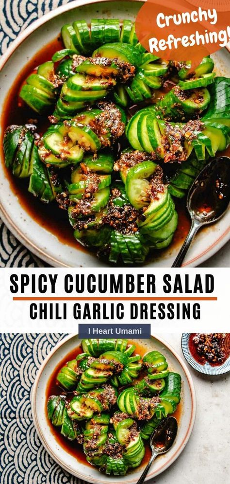 This Spicy Cucumber Salad comes with a homemade Chinese chili garlic dressing. It’s easy to make, healthy, and made with simple ingredients! Tiktok Cucumber, Best Vinaigrette, Smashed Cucumber, Smashed Cucumber Salad, Spicy Cucumber Salad, Spicy Cucumber, The Best Chili, Garlic Dressing, Best Chili