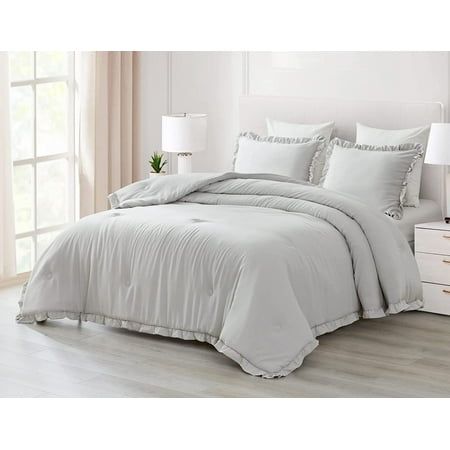 Chezmoi Collection Nora Ruffled Edge Trim Microfiber Comforter Bedding Set A vintage style ruffled edge trim border comforter bedding set inspired by nostalgic vibes for the perfect bedroom decor. Transform your bedroom in a sophisticated and luxurious manner with this welcoming comforter bedding set. An attractive ruffled edge trim with an elegant yet simple presentation that makes you feel right at home. Providing everyday comfort in a fashionable manner. Lightweight, high loft comforter with Light Gray Comforter Bedroom, Grey Comforter Bedroom, Light Grey Bedding, Oversized King Comforter, Simple Presentation, Grey Comforter, Comforter Bedding, Down Comforters, Comforter Bedding Sets