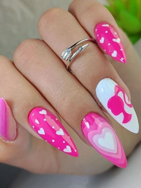 Barbie silhouette accent Pink And White Nails, Barbie Pink Nails, Barbie Nails, Hot Pink Nails, White Nail Art, Simple Nail Art Designs, White Nail Designs, Pink Nail Designs, Fabulous Nails