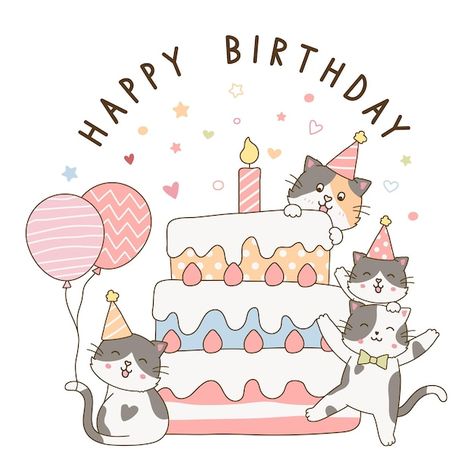 Drawing For Birthday Art, Happy Birthday Postcard Ideas, Cat Birthday Illustration, Happy Birthday Art Illustrators, Cartoon Birthday Cake Drawing, Birthday Postcards Ideas, Cute Birthday Posters, Happy Birthday Cats Cute, Happy Birthday Cute Images