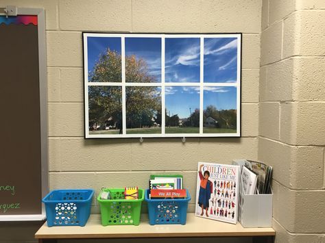 Fake window in classroom using poster frame, white tape, and a photo enlarged to poster size! Pretend Window In Classroom, Fake Window For Classroom, Fake Window In Classroom, Classroom Without Windows, Windowless Classroom, Tiny Classroom, Speech Classroom Decor, Classroom Windows, Speech Classroom