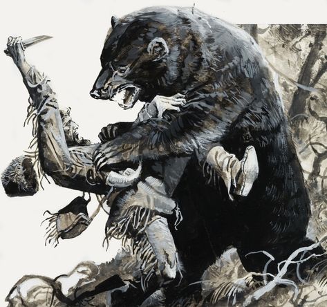 Photography: Severino Baraldi/Look and Learn Bear Attacking, Hugh Glass, Mountain Man Rendezvous, Bear Attack, Mountain Men, Hunting Art, Wilde Westen, American Frontier, Cowboy Art