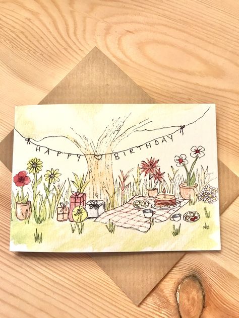 Diy Birthday Cards Best Friend, Post Card Painting Ideas, Handmade Bday Card Ideas, Gift Card Painting Ideas, Picnic Cards Ideas, Detailed Birthday Card, Cute Birthday Paintings, Friend Birthday Card Handmade, Birthday Card Acrylic Painting