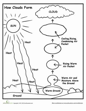 Fifth Grade Earth & Space Science Worksheets: How Clouds Form - Do you know how clouds form? Get the basic idea of how moisture in the air cools to become formations like clouds with this diagram that your child can color in to help make the learning stick! Health Worksheets, Weather Science, Coloring Drawing, 1st Grade Science, 4th Grade Science, 6th Grade Science, 5th Grade Science, Earth And Space Science, Fill In The Blank