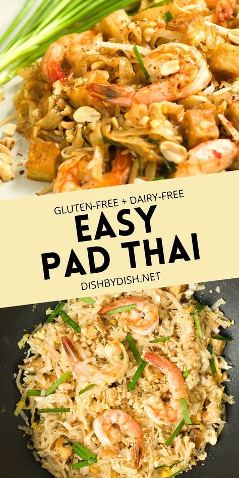 Flavorful, tasty, and easy, this gluten-free pad thai recipe is the perfect main dish for satisfying your craving for Asian food! Swap out the shrimp for another protein or leave it out to make it vegetarian. No matter what, you're definitely going to enjoy it. Totally dairy-free too. Gluten Free Pad Thai, Thick Rice Noodles, Vegetarian Pad Thai, Pad Thai Sauce, Pad Thai Noodles, Thai Recipe, Pad Thai Recipe, Vegan Fish, Soy Recipes