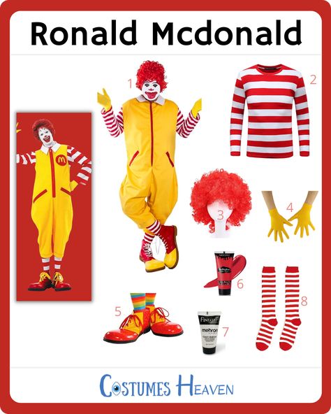 Mcdonalds Clown Costume, Mcdonald's Halloween Costume, Diy Ronald Mcdonald Costume, Mcdonald’s Costume, Mcdonalds Halloween Costumes, Mcdonalds Costume, Ronald Mcdonald Cosplay, Mcdonald Costume, Clown Diy