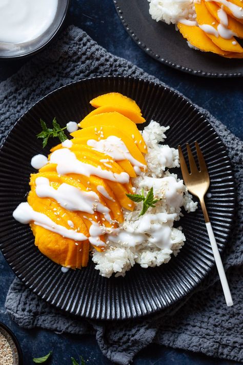 Thai Mango Sticky Rice is made with glutinous rice, coconut milk, and sweet mangoes. This delicious dessert is naturally plant-based! Mango Coconut Sticky Rice, Thai Mango Sticky Rice, Coconut Sticky Rice, Rice Coconut, Sweet Sticky Rice, Thai Mango, Cookbook Design, Mango Sticky Rice, Rice Varieties