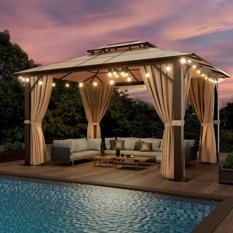 Farmhouse Pool Ideas, Hardtop Gazebo, Lawn Furniture, Gazebo Pergola, Aluminum Patio, Patio Gazebo, Furniture Patio, Outdoor Storage Sheds, Roof Design