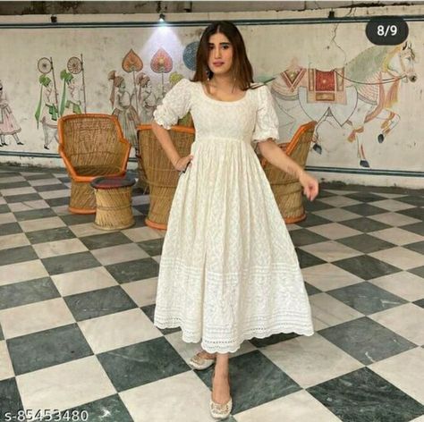 Chikankari Frock, Chikankari Gown, Elegant Skirt Outfits, Kurta Pants, Simple Frock Design, Attractive Dresses, Cotton Gowns, Pakistani Traditional, Simple Kurti Designs