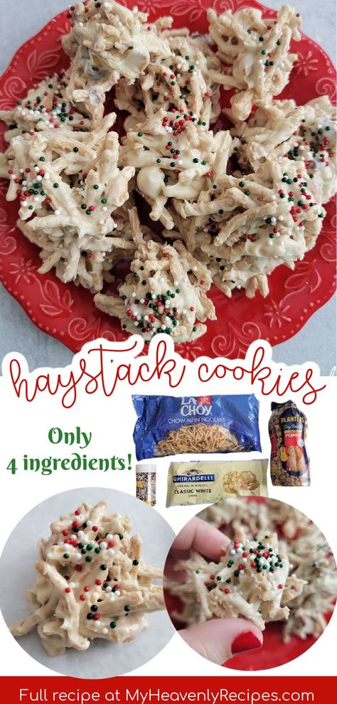 Chow Mein Dessert, Hay Stacks Recipe Haystack Cookies, Christmas Haystack Cookies, Butterscotch Haystacks Chow Mein, Christmas Snacks Aesthetic, Holiday Haystacks, Haystack Cookies No Bake, White Chocolate Haystacks, Christmas Haystacks