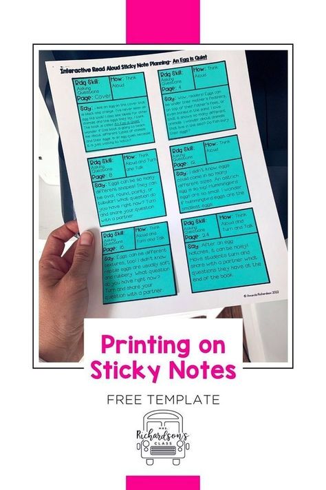 Who doesn't love a good teacher hack? Use this step-by-step tutorial to learn how to print on sticky notes to make life easier in the classroom. You can print on sticky notes to save time on parent communication, anecdotal notes, checklists, and rubrics. To help you get started, I have a FREE sticky notes template printable that you can use to mark your teaching points throughout your interactive read alouds. Just print the template, fill out your sticky notes, and place them in your book. a Print On Sticky Notes, Sticky Notes Template, Sticky Note Template, Notes Template Printable, Planner Handwriting, Anecdotal Notes, Writing Conventions, Elementary Classroom Ideas, Interactive Read Aloud