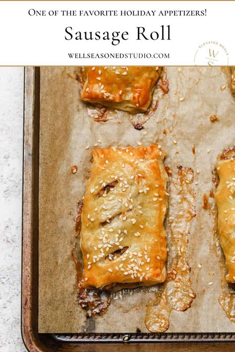 Sausage Roll on a baking tray. British Sausage Rolls, British Sausage, Sausage Roll Recipe, Sausage Rolls Recipe, Sausage Seasoning, Sausage Roll, Sage Sausage, Mild Italian Sausage, Frozen Puff Pastry