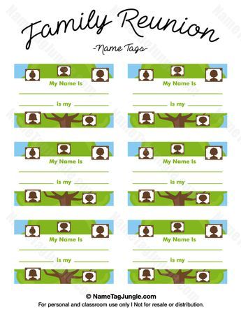 Free printable family reunion name tags with fields for your name and information on your relation to others at the reunion. The template can also be used for creating items like labels and place cards. Download the PDF at http://nametagjungle.com/name-tag/family-reunion/ Family Reunion Tree Ideas, Family Reunion Name Tags, Reunion Checklist, Reunion Name Tags, Family Reunion Ideas, Wedding Checklist Template, Family Reunion Themes, Family Reunion Activities, Family Reunion Favors