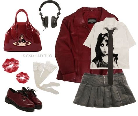 Red Black White Outfit Ideas, Red Outfit With Skirt, White Red Black Outfit, Black And Red Leather Outfit, Red Vivienne Westwood Bag, Red Tv Aesthetic Outfits, White Black And Red Outfit, Styling Red Skirt, Skirt Tie Outfit