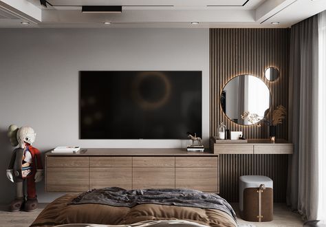 MASTER BEDROOM on Behance Tv Shows Quotes, Tv Bedroom Ideas, Tv In Bedroom Ideas, Bookshelves Tv, Black Tv Console, Model Bedroom, Tv Stand Black, Show Quotes, Black Tv