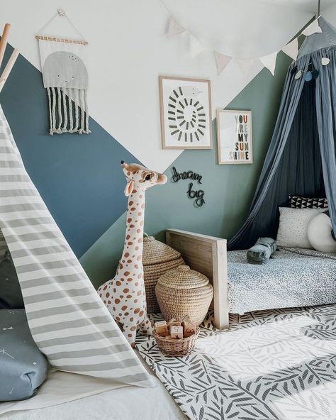 Toddler Boy Blue Room, Blue And Green Accent Wall, Children Bedroom Design For Kids, Little Boy Room Colors, Room For Boys Kids, Kids Room For Boys, Accent Wall In Kids Bedroom, Dark Green Kids Bedroom, Toddler Boy Room Colors Schemes