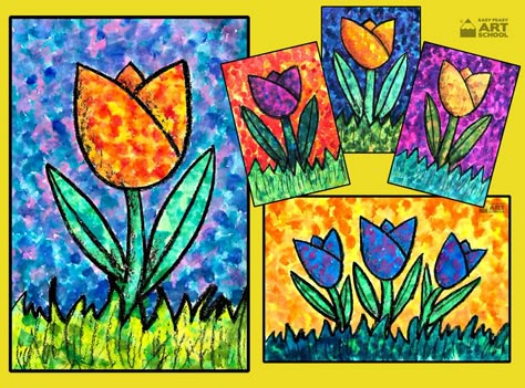 Create these beautiful spring tulips inspired by George's Seurat and his dabs of paint. It's easy with Easy Peasy Art School's step by step instructions. Spring Art Second Grade, Spring Artwork For Kids, Spring Art Work, Spring Art Lessons, Fun Art Lessons, Grade 1 Art, Step By Step Art, Spring Flower Art, Primary School Art