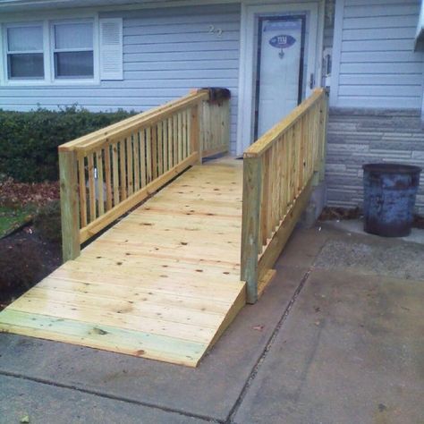 Handicap ramp - RYOBI Nation Projects Wooden Ramp Wheelchair, Ramp Over Stairs, Wooden Ramps Wheelchair, Wheel Chair Ramps Ideas Front Porches, Backyard Ramp, Ramp To Front Door, Wood Ramp Design, Deck Ramp Ideas, Wheelchair Ramp Diy