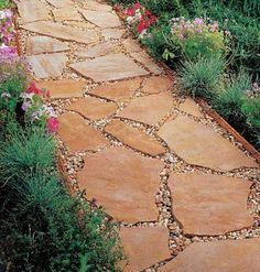 Nice stone -- don't like the edges or the sheer number of flagstones.... 3 or 4 stones across is too cluttered Arizona Backyard, Flagstone Walkway, Flagstone Path, Paver Walkway, Stone Walkway, Garden Walkway, Landscaping Garden, Stone Path, Landscape Designs