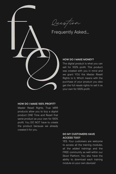 Selling a digital product means no overhead, unlimited earning potential, and evergreen funnel opportunity. You can create an additional stream of income working from home. No shipping or customer service. Work only the hours you choose from your phone or computer! No inventory to keep track of. Digital products are the space to be in and we are teaching you the exact steps you need to get started! Frequently Asked Questions Design, Pricing Aesthetic, Questions Design, Real Estate Fun, Stream Of Income, Income From Home, Style Web, Learn Business, One Page Website