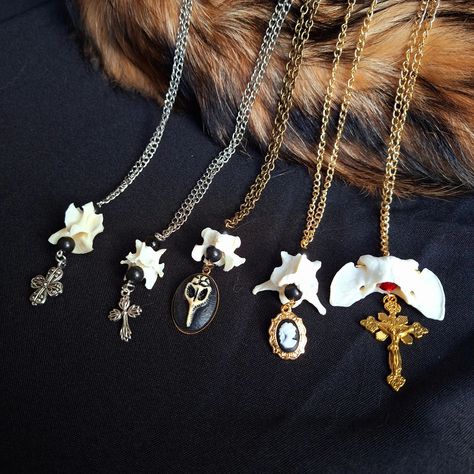 + Fox Vertebrae Necklaces + One of a kind! . . Silver Cross 1 - $20 Available Silver Cross 2 - $20 Available Bird Skull - $25 Available Cameo - $25 Available Gold Cross - $20 Avaiable . Dm to claim - price +shipping . . #oddmoth #oddmothcraftandcurio #whimsigoth #smallbusiness #smallbusinessowner #shopsmallbusiness #supportsmallbusiness #cottagecore #darkcottagecore #darkacademia #crystaljewelry #bones #bonejewelry #entomology #entomologyart #fairycore #goblincore #witchyjewelry #vulture... Oddity Jewelry, Moth Craft, Animal Bone Jewelry, Oddities Jewelry, Entomology Art, Cottagecore Jewelry, Bone Crafts, Goblin Core, Cross Bones