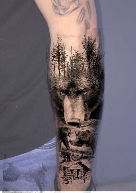 Outdoor Tattoos, Mountain Sleeve Tattoo, Grizzly Bear Tattoos, Deer Head Tattoo, Rip Tattoos For Mom, Rabe Tattoo, Full Hand Tattoo, Tattoo Quotes For Men, Mother Nature Tattoos