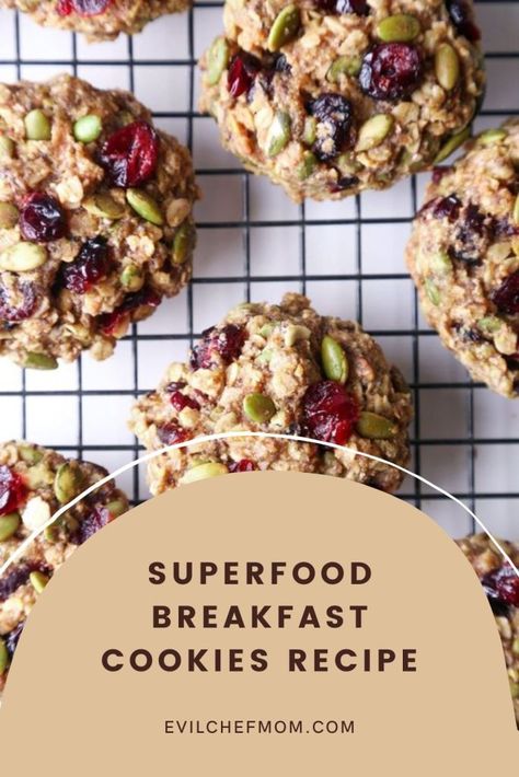 Superfood Breakfast Cookies Recipe - Evil Chef Mom Vegan Peanut Butter Cups, Superfood Breakfast, Breakfast Cookie Recipe, Pumpkin Cranberry, Superfood Recipes, Healthy Breakfasts, Unsweetened Applesauce, Breakfast Cookies, Healthy Cookies