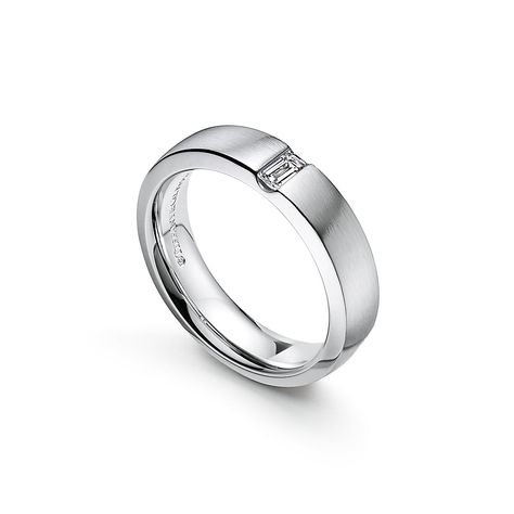 Tiffany Essential Band satin finish ring in platinum with a diamond. | Tiffany & Co. Tiffany And Co Wedding Ring, Tiffany And Co Wedding, Wedding Ring Men, Tiffany Setting, Mens Diamond Wedding Bands, Modern Couple, Tiffany And Co, Platinum Ring, Engraved Items