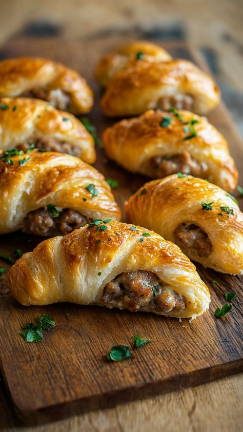 Sausage Cream Cheese Crescents Crescent Sausage Cream Cheese, Baked Sausage Cream Cheese Crescents, Savory Fall Snacks For Party, Savory Croissant Filling Ideas, Savory Crescent Roll Recipes, Sausage And Cream Cheese Crescent Rolls, Savory Healthy Meals, Unique Brunch Recipes, Croissant Recipe Stuffed