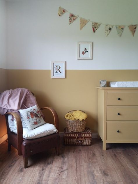 Two tone yellow mustard bedroom on farrow and ball sudbury yellowpainted ikea wardrobea buntinga canopy Bedroom Ideas Mustard Yellow, Mustard Yellow Nursery Gender Neutral, Wardrobe Painted Same Colour As Wall, Nursery Farrow And Ball, Nursery Mustard Yellow, Mustard Yellow Playroom, Farrow And Ball Sudbury Yellow, Two Tone Nursery Walls, Mustard Playroom